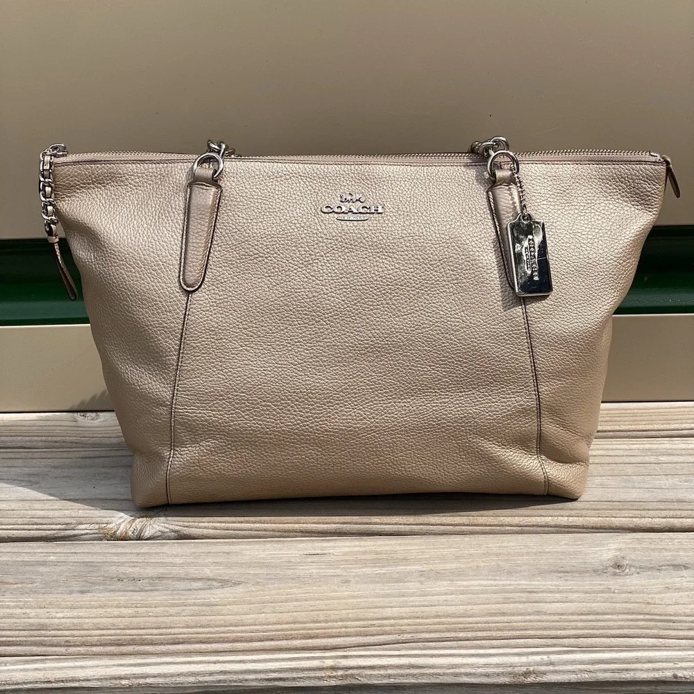 Coach Ava Chain Tote Platinum Metallic Pebbled Leather Shoulder Bag F58688